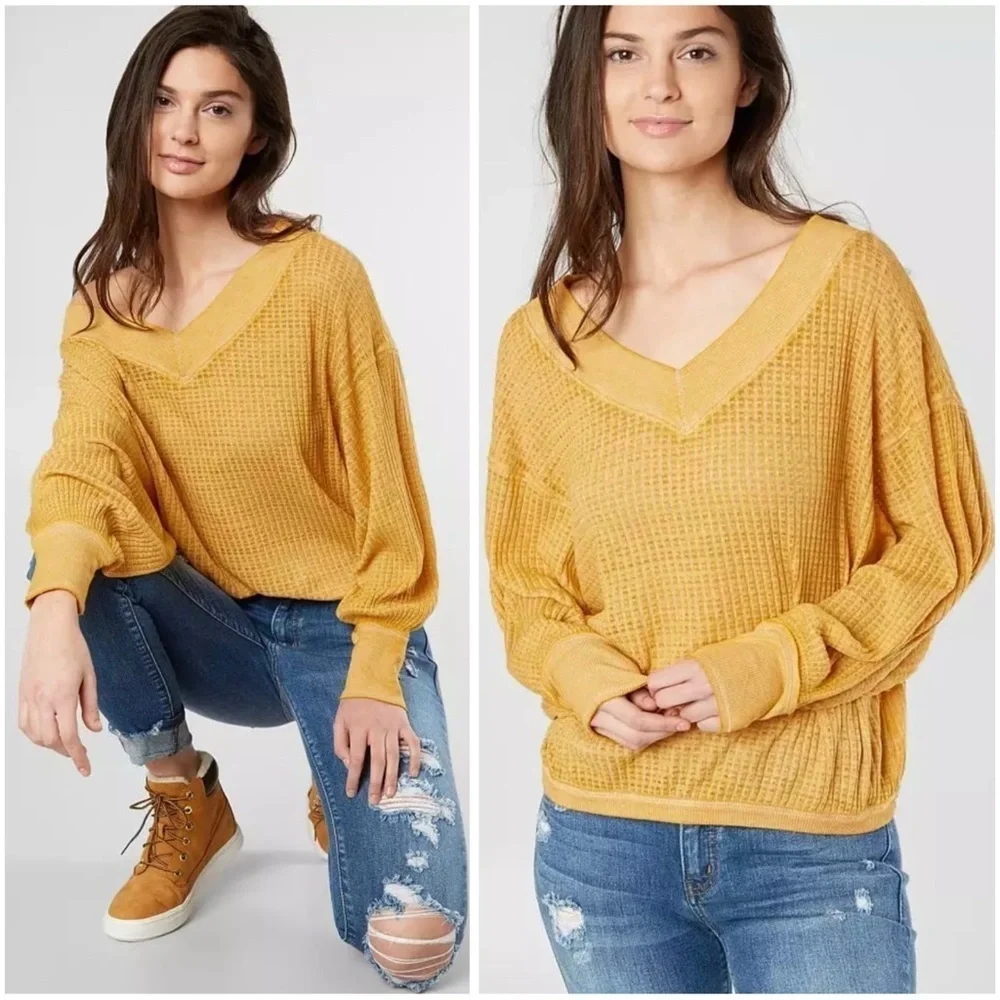 FREE PEOPLE Oversized Baggy Lightweight Casual Boxy South Side Thermal Top Sz S